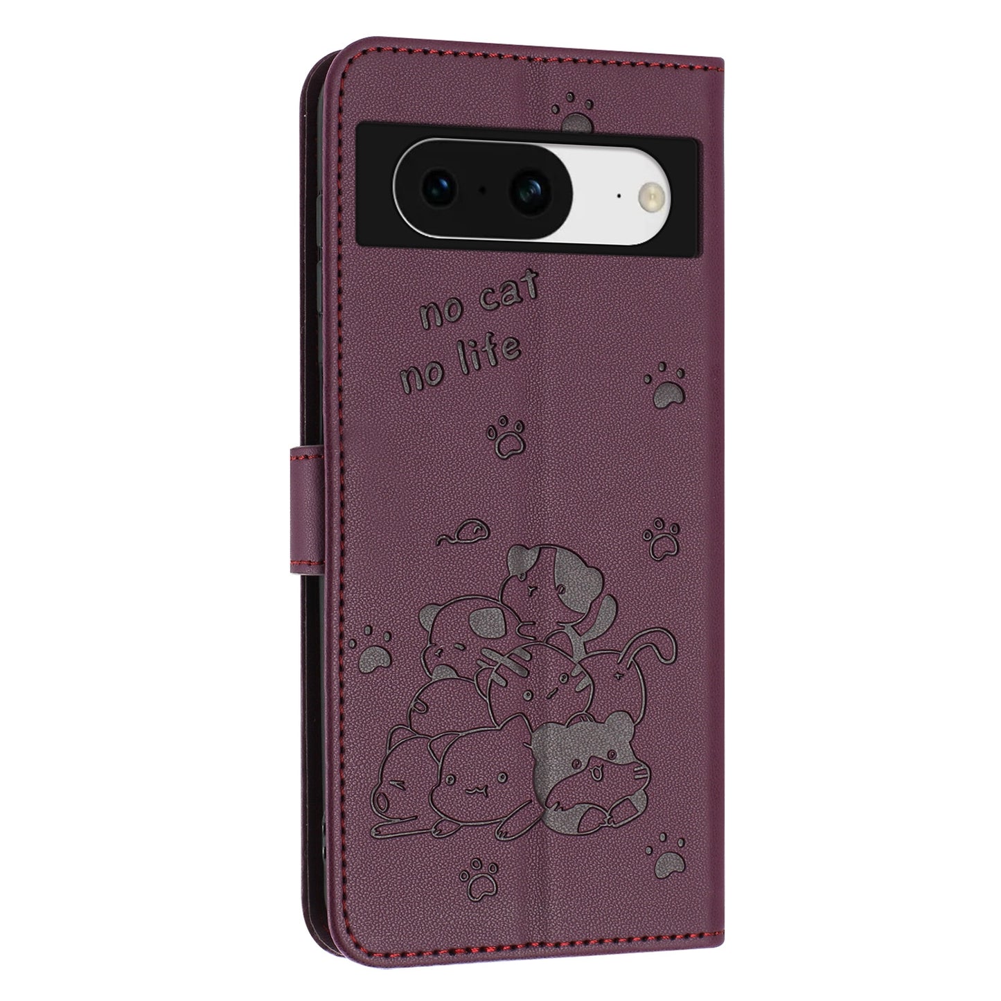 Google Pixel 8 Embossed Kitten PU Leather Wallet Case with Card Slots, Cash Pocket, Kickstand Function, Wrist Lanyard Strap, Full Protective TPU Flip Cover
