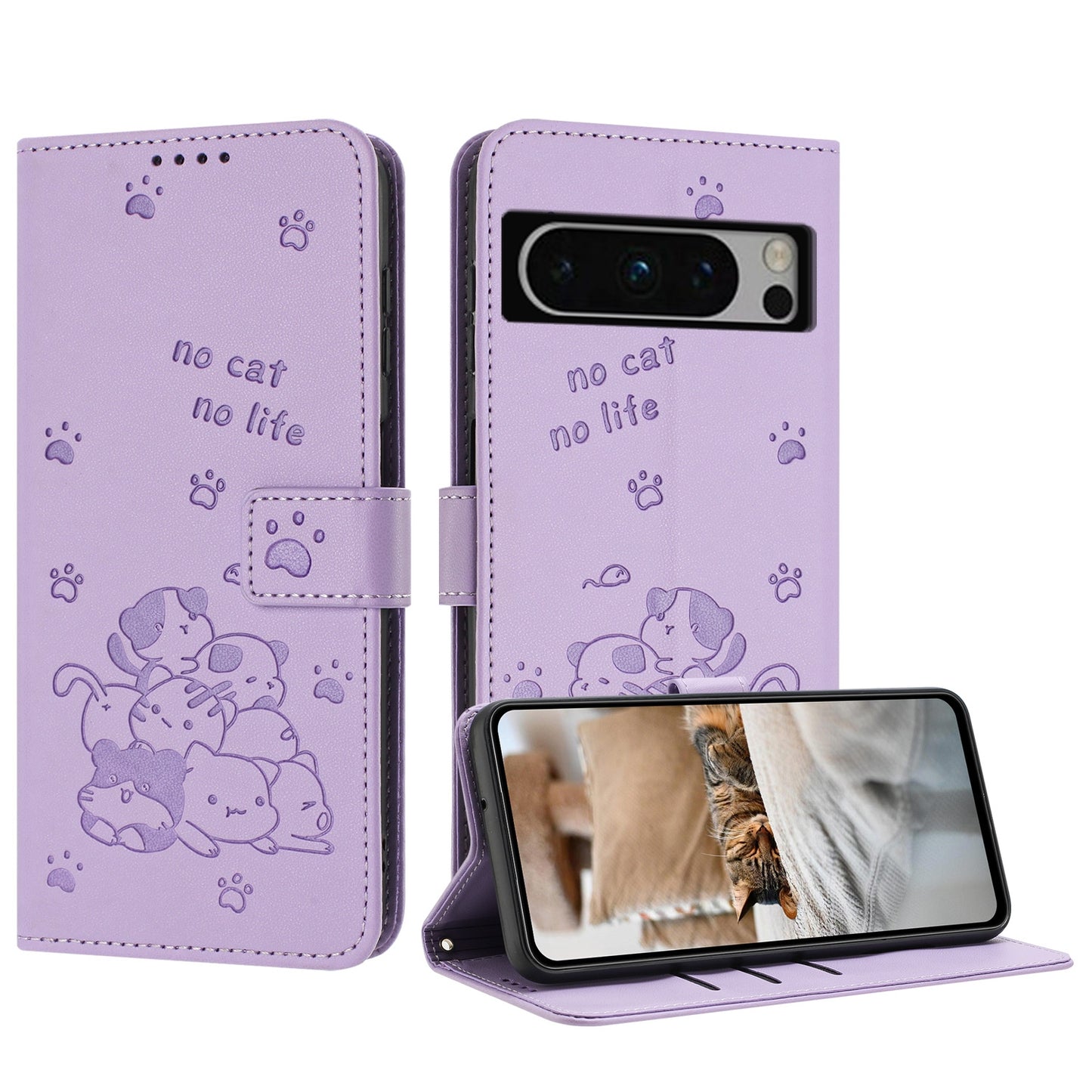 Google Pixel 8 Pro Embossed Kitten PU Leather Wallet Case with Card Slots, Cash Pocket, Kickstand Function, Wrist Lanyard Strap, Full Protective TPU Flip Cover