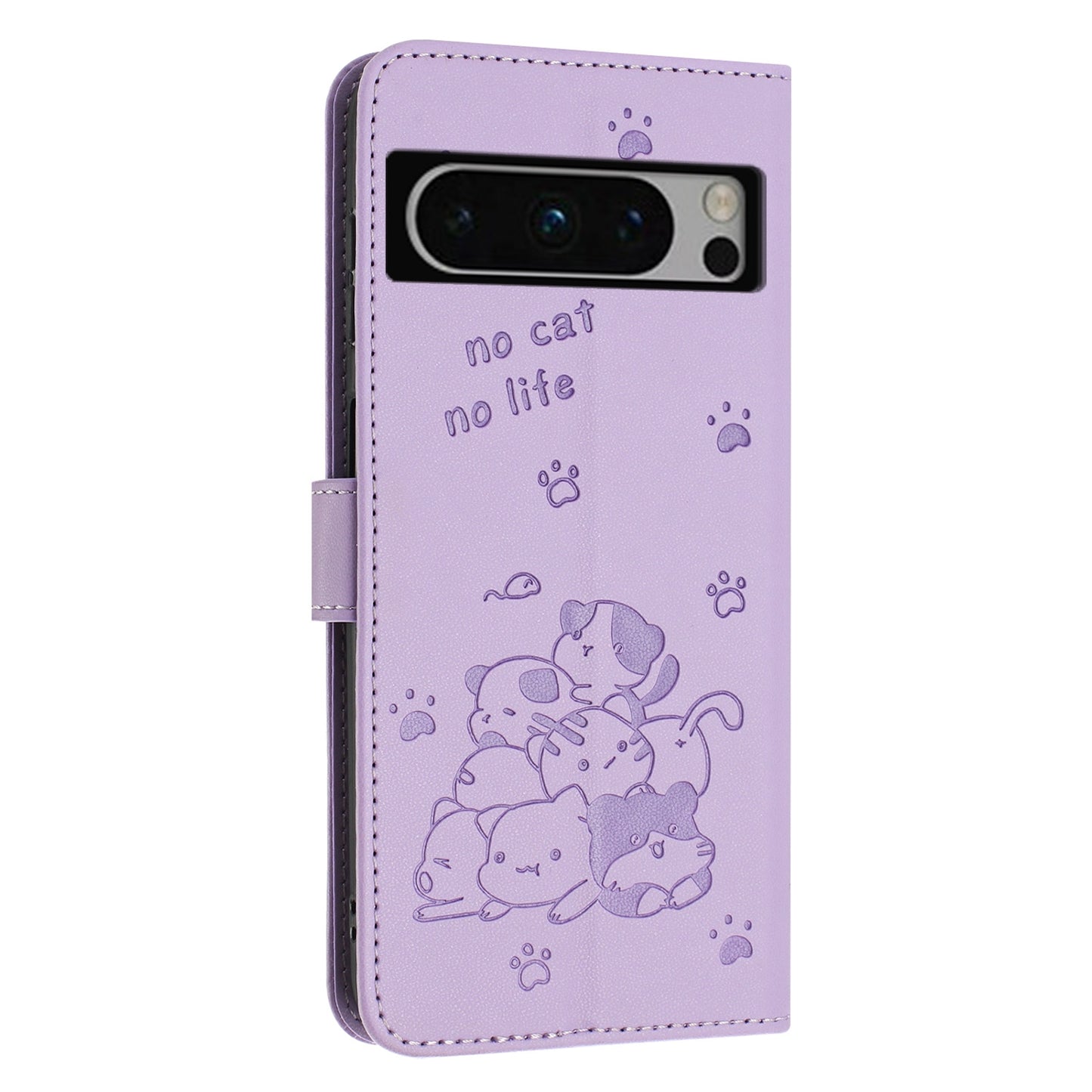 Google Pixel 8 Pro Embossed Kitten PU Leather Wallet Case with Card Slots, Cash Pocket, Kickstand Function, Wrist Lanyard Strap, Full Protective TPU Flip Cover
