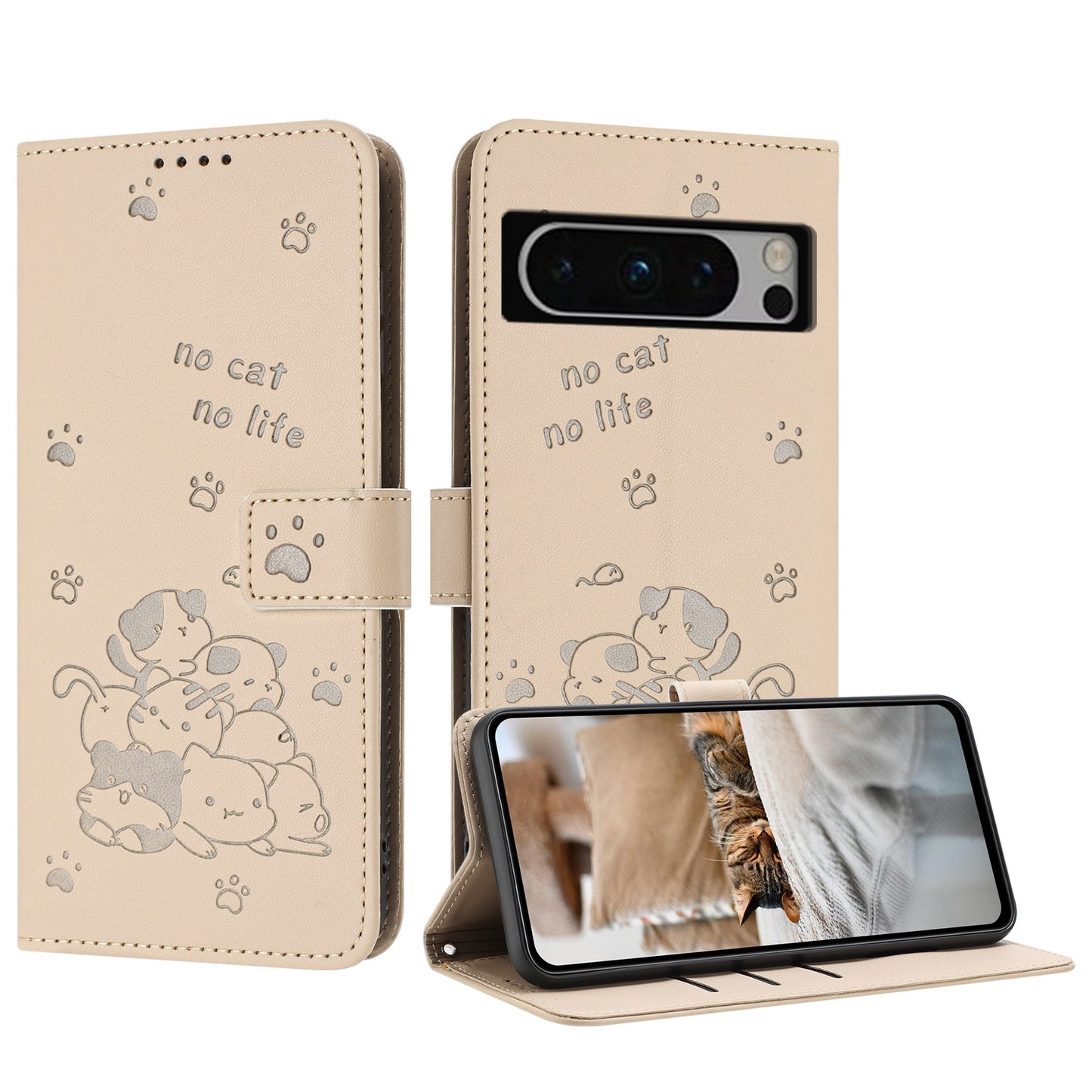 Google Pixel 8 Pro Embossed Kitten PU Leather Wallet Case with Card Slots, Cash Pocket, Kickstand Function, Wrist Lanyard Strap, Full Protective TPU Flip Cover