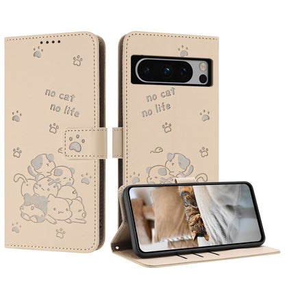 Google Pixel 8 Pro Embossed Kitten PU Leather Wallet Case with Card Slots, Cash Pocket, Kickstand Function, Wrist Lanyard Strap, Full Protective TPU Flip Cover