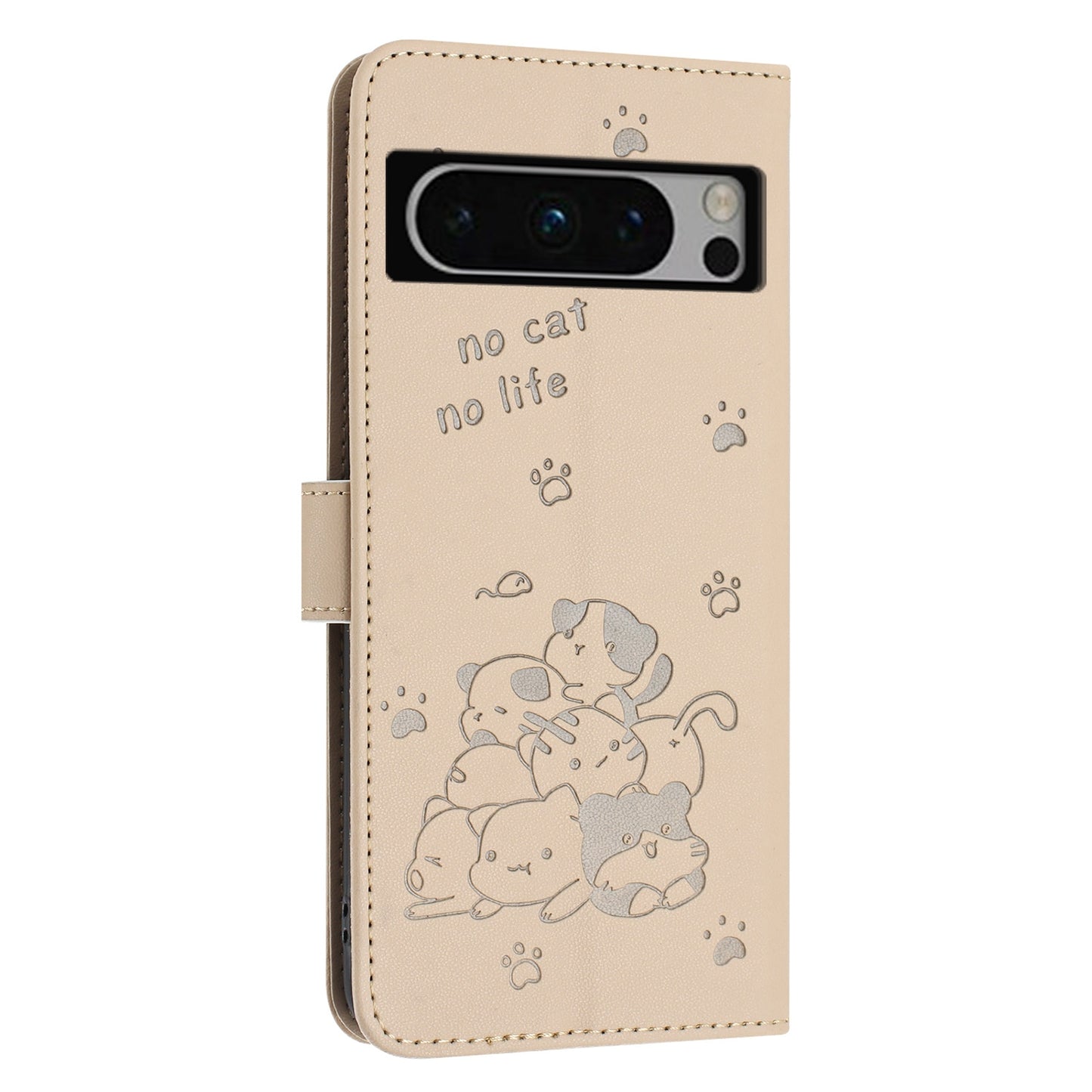 Google Pixel 8 Pro Embossed Kitten PU Leather Wallet Case with Card Slots, Cash Pocket, Kickstand Function, Wrist Lanyard Strap, Full Protective TPU Flip Cover