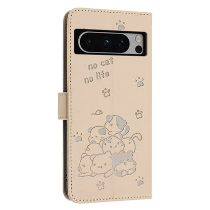 Google Pixel 8 Pro Embossed Kitten PU Leather Wallet Case with Card Slots, Cash Pocket, Kickstand Function, Wrist Lanyard Strap, Full Protective TPU Flip Cover
