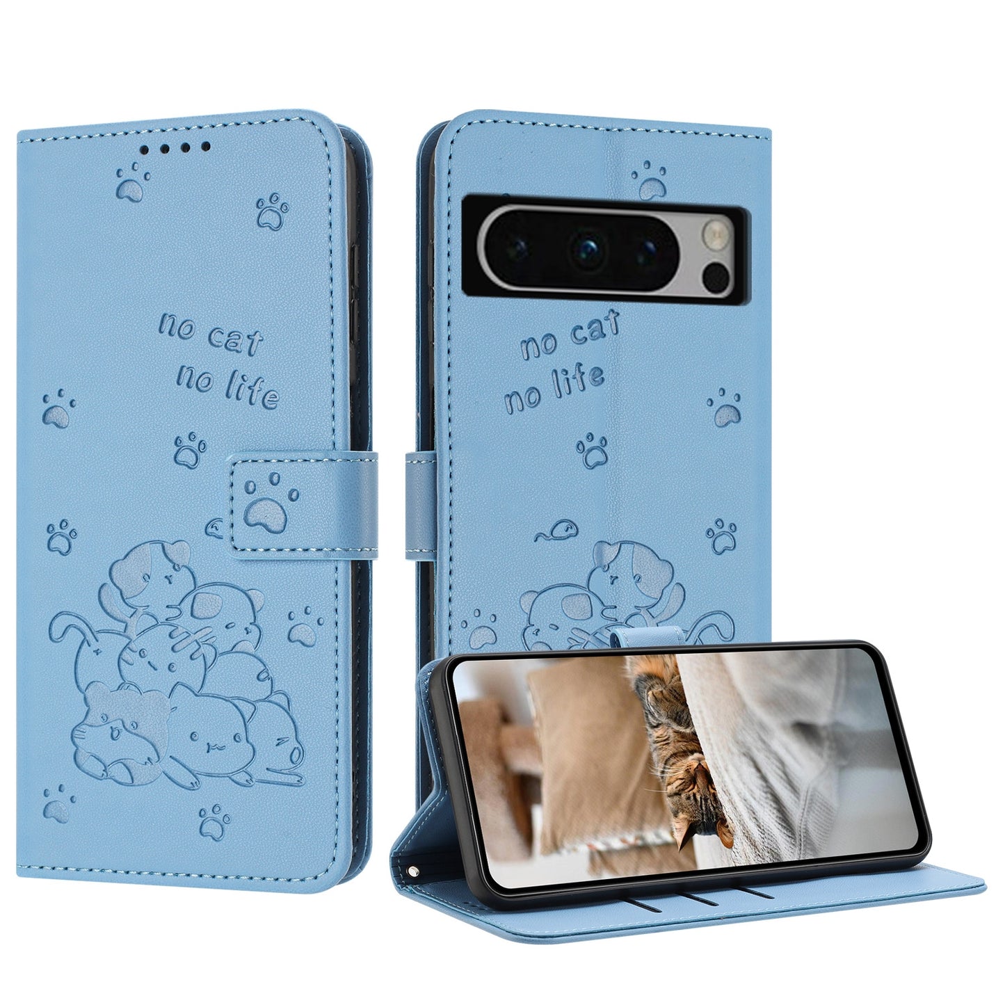 Google Pixel 8 Pro Embossed Kitten PU Leather Wallet Case with Card Slots, Cash Pocket, Kickstand Function, Wrist Lanyard Strap, Full Protective TPU Flip Cover