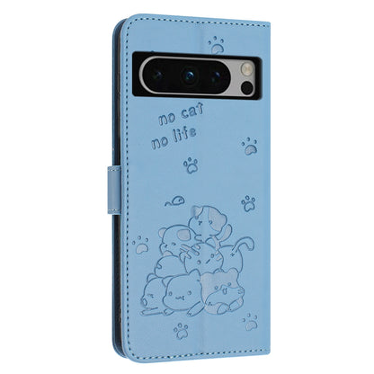 Google Pixel 8 Pro Embossed Kitten PU Leather Wallet Case with Card Slots, Cash Pocket, Kickstand Function, Wrist Lanyard Strap, Full Protective TPU Flip Cover