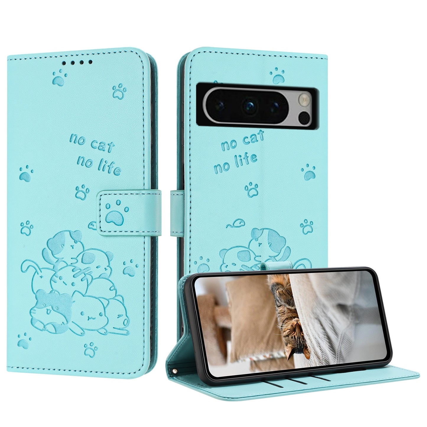 Google Pixel 8 Pro Embossed Kitten PU Leather Wallet Case with Card Slots, Cash Pocket, Kickstand Function, Wrist Lanyard Strap, Full Protective TPU Flip Cover