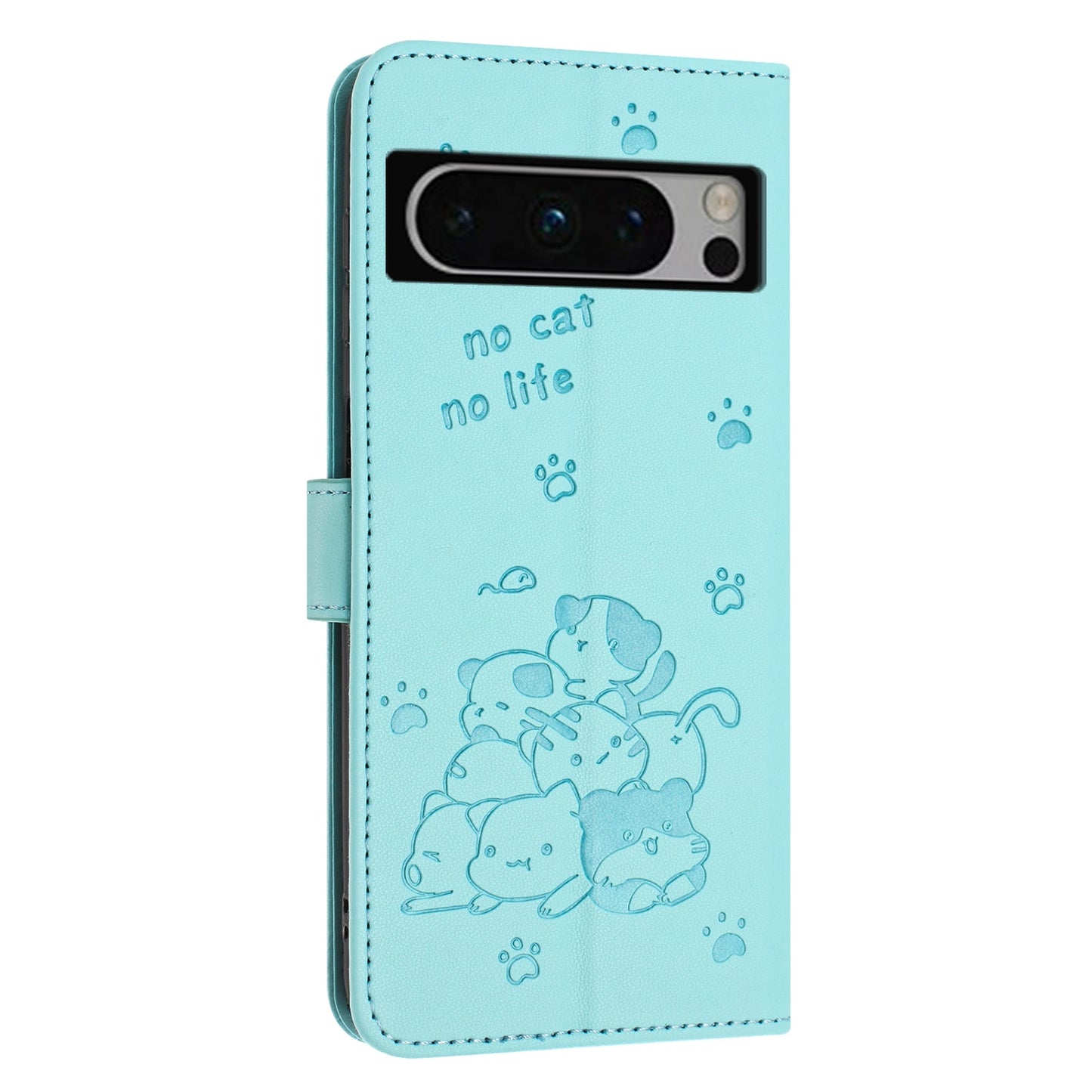 Google Pixel 8 Pro Embossed Kitten PU Leather Wallet Case with Card Slots, Cash Pocket, Kickstand Function, Wrist Lanyard Strap, Full Protective TPU Flip Cover