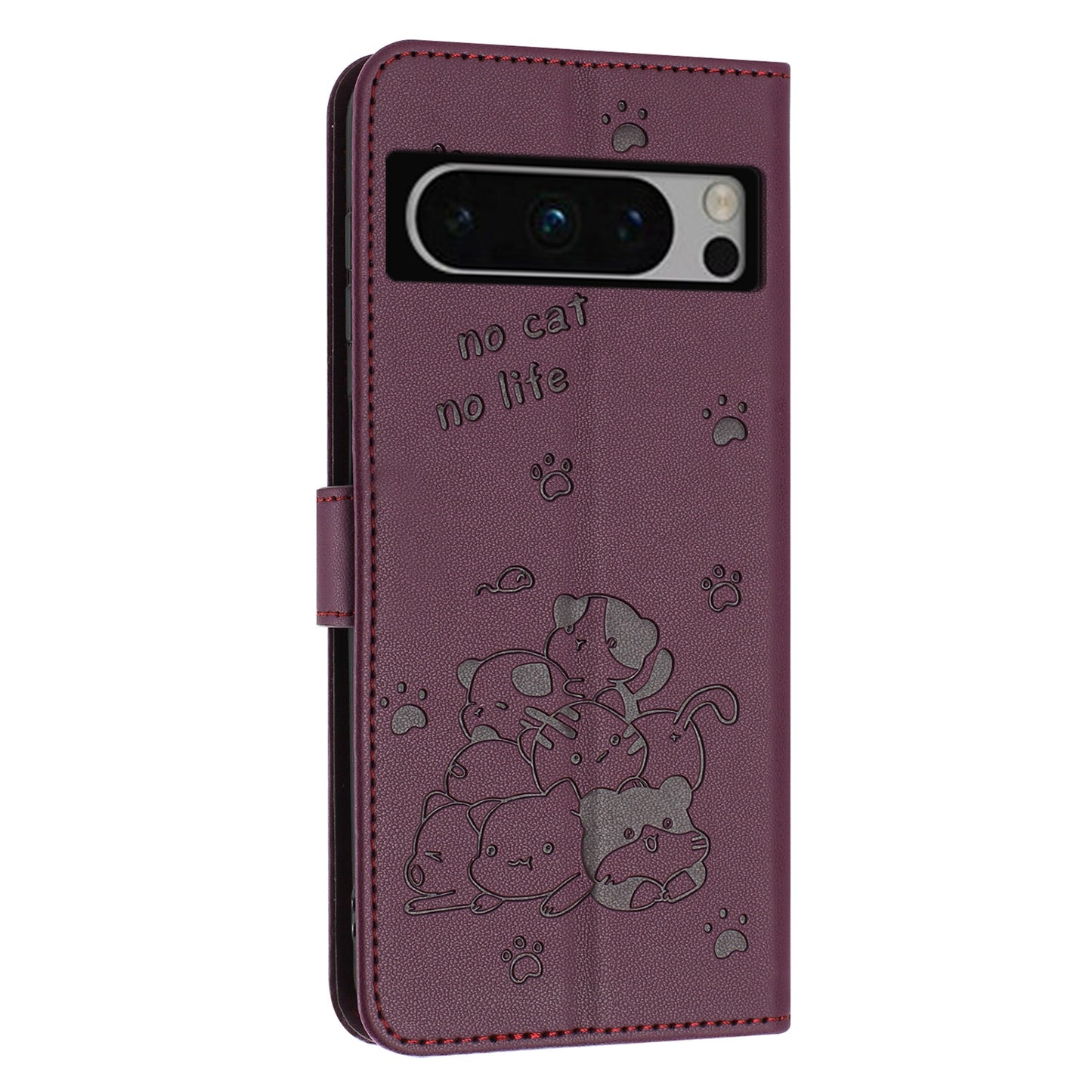 Google Pixel 8 Pro Embossed Kitten PU Leather Wallet Case with Card Slots, Cash Pocket, Kickstand Function, Wrist Lanyard Strap, Full Protective TPU Flip Cover