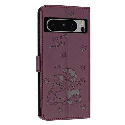 Google Pixel 8 Pro Embossed Kitten PU Leather Wallet Case with Card Slots, Cash Pocket, Kickstand Function, Wrist Lanyard Strap, Full Protective TPU Flip Cover
