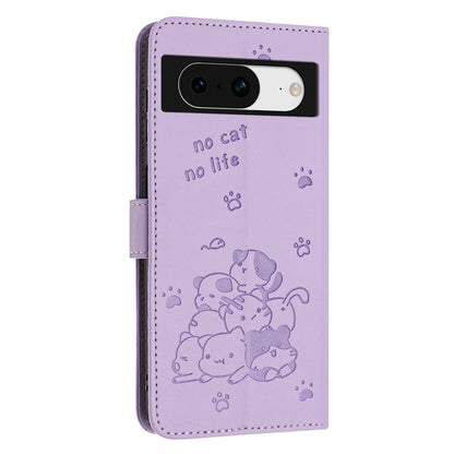 Google Pixel 8a Embossed Kitten PU Leather Wallet Case with Card Slots, Cash Pocket, Kickstand Function, Wrist Lanyard Strap, Full Protective TPU Flip Cover