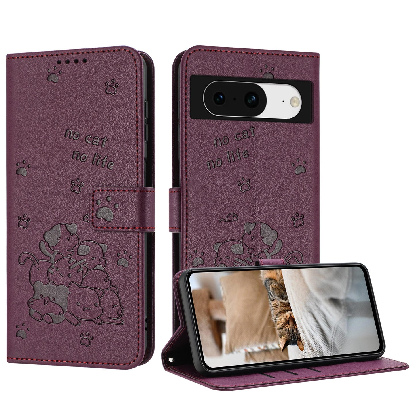 Google Pixel 8a Embossed Kitten PU Leather Wallet Case with Card Slots, Cash Pocket, Kickstand Function, Wrist Lanyard Strap, Full Protective TPU Flip Cover