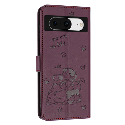 Google Pixel 8a Embossed Kitten PU Leather Wallet Case with Card Slots, Cash Pocket, Kickstand Function, Wrist Lanyard Strap, Full Protective TPU Flip Cover