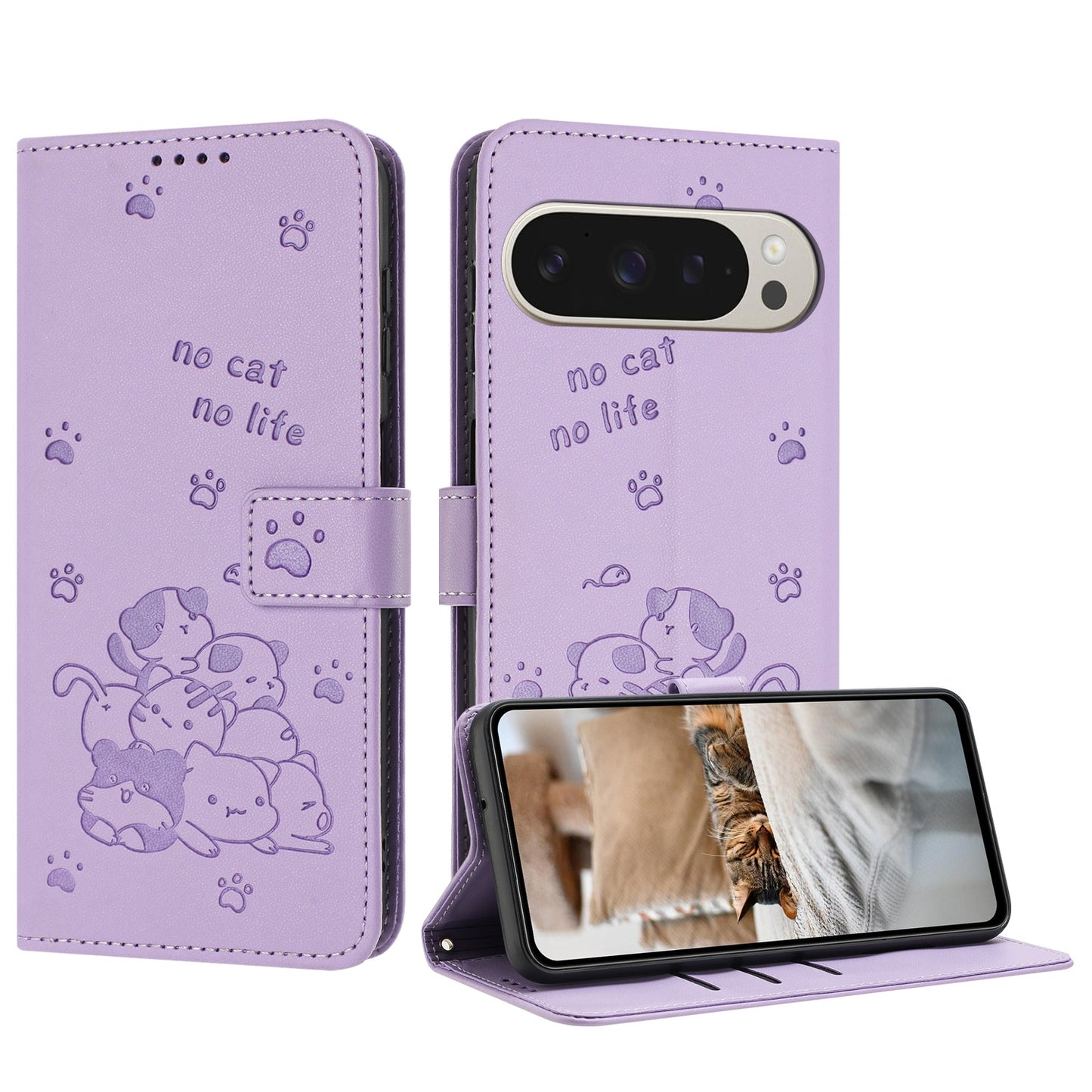 Google Pixel 9 Pro XL Embossed Kitten PU Leather Wallet Case with Card Slots, Cash Pocket, Kickstand Function, Wrist Lanyard Strap, Full Protective TPU Flip Cover