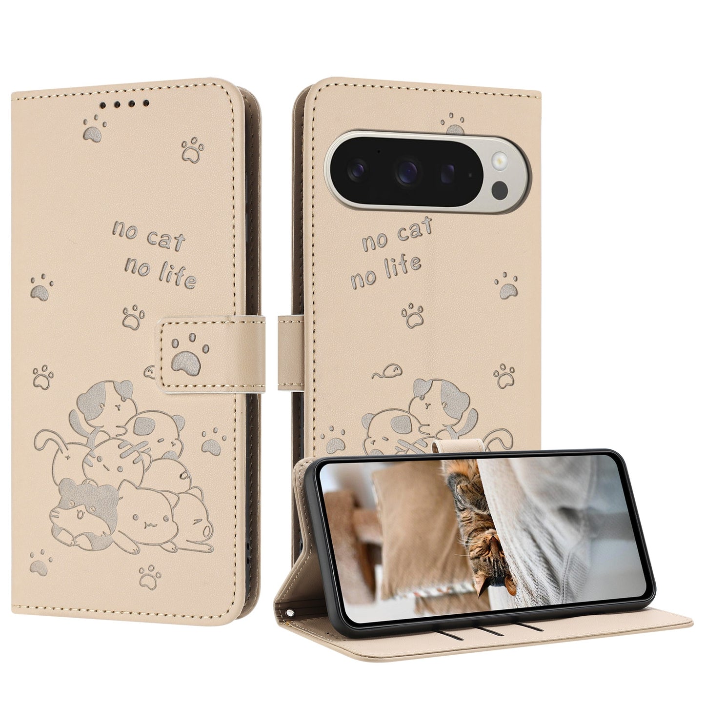 Google Pixel 9 Pro XL Embossed Kitten PU Leather Wallet Case with Card Slots, Cash Pocket, Kickstand Function, Wrist Lanyard Strap, Full Protective TPU Flip Cover