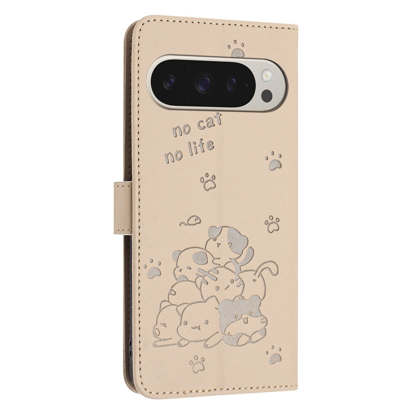 Google Pixel 9 Pro XL Embossed Kitten PU Leather Wallet Case with Card Slots, Cash Pocket, Kickstand Function, Wrist Lanyard Strap, Full Protective TPU Flip Cover