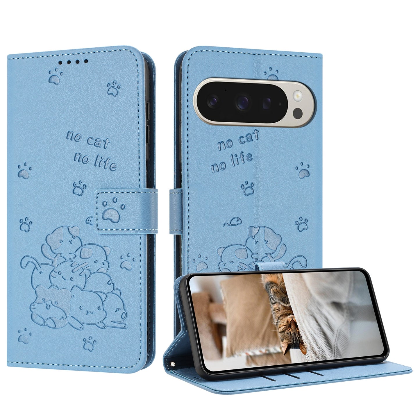Google Pixel 9 Pro XL Embossed Kitten PU Leather Wallet Case with Card Slots, Cash Pocket, Kickstand Function, Wrist Lanyard Strap, Full Protective TPU Flip Cover
