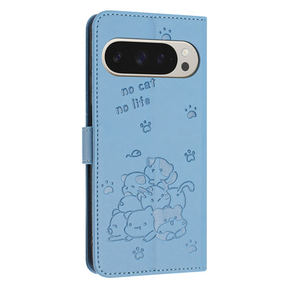 Google Pixel 9 Pro XL Embossed Kitten PU Leather Wallet Case with Card Slots, Cash Pocket, Kickstand Function, Wrist Lanyard Strap, Full Protective TPU Flip Cover
