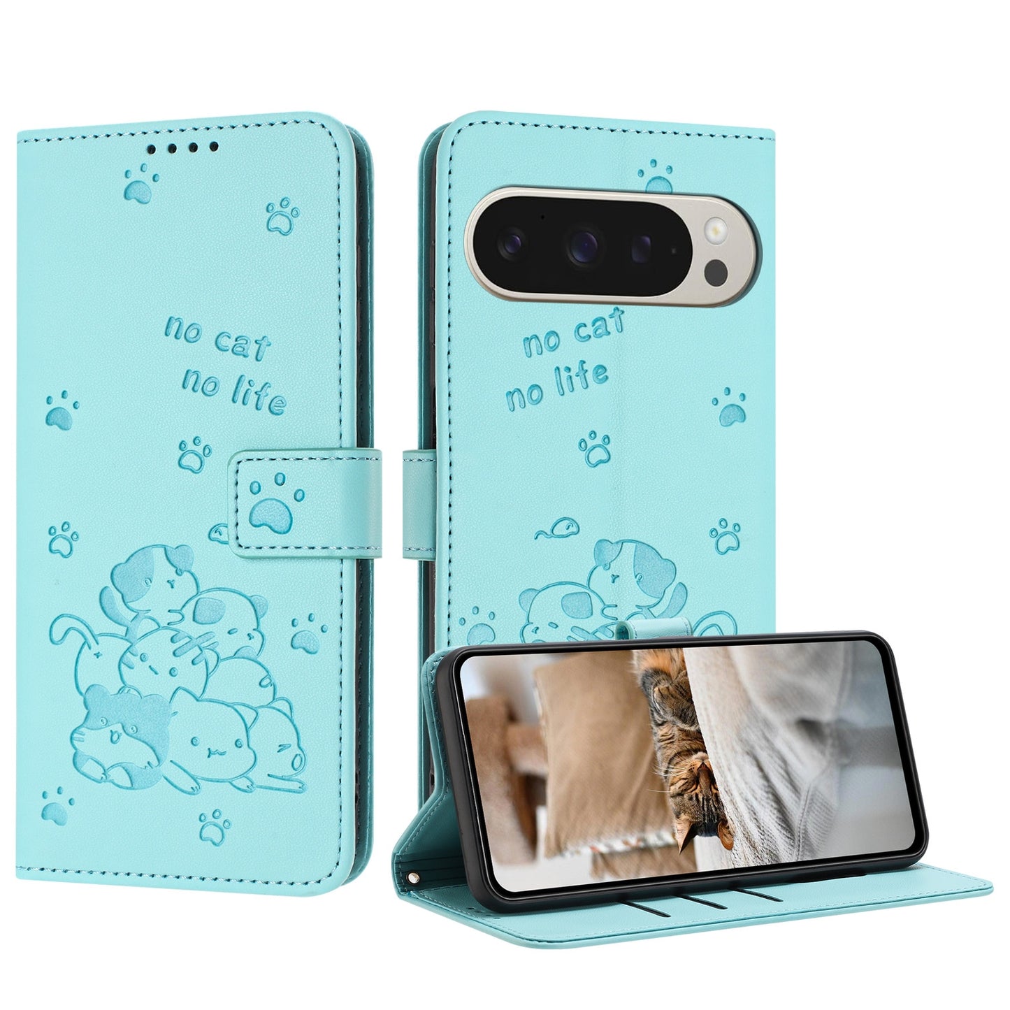 Google Pixel 9 Pro XL Embossed Kitten PU Leather Wallet Case with Card Slots, Cash Pocket, Kickstand Function, Wrist Lanyard Strap, Full Protective TPU Flip Cover