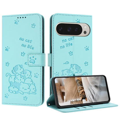 Google Pixel 9 Pro XL Embossed Kitten PU Leather Wallet Case with Card Slots, Cash Pocket, Kickstand Function, Wrist Lanyard Strap, Full Protective TPU Flip Cover