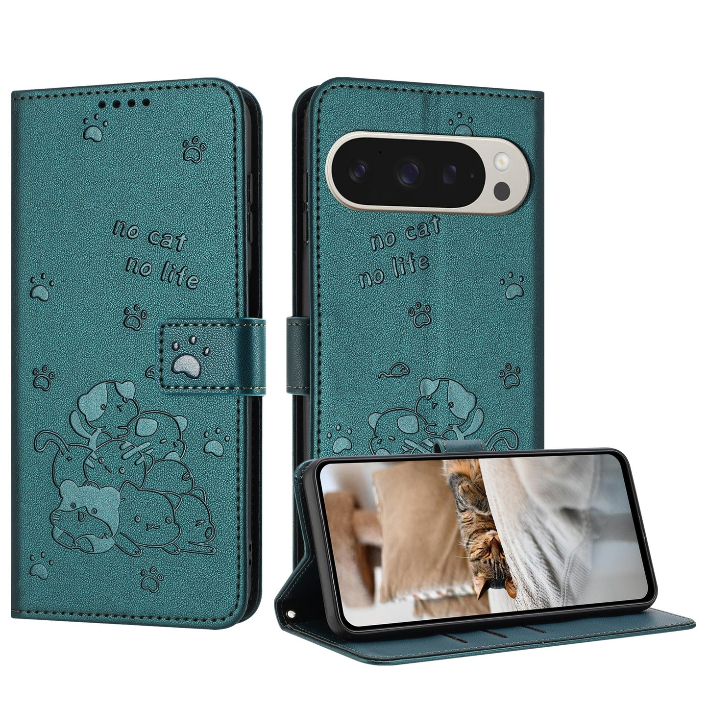 Google Pixel 9 Pro XL Embossed Kitten PU Leather Wallet Case with Card Slots, Cash Pocket, Kickstand Function, Wrist Lanyard Strap, Full Protective TPU Flip Cover
