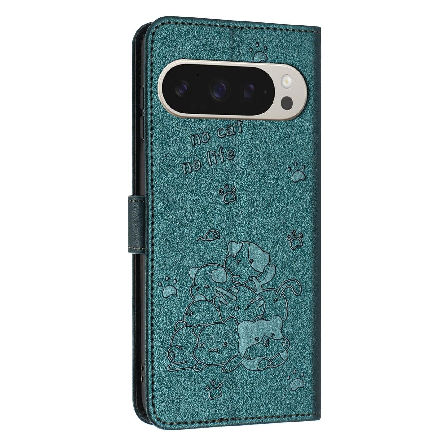 Google Pixel 9 Pro XL Embossed Kitten PU Leather Wallet Case with Card Slots, Cash Pocket, Kickstand Function, Wrist Lanyard Strap, Full Protective TPU Flip Cover