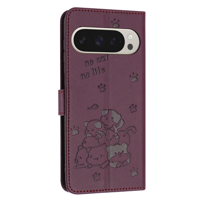 Google Pixel 9 Pro XL Embossed Kitten PU Leather Wallet Case with Card Slots, Cash Pocket, Kickstand Function, Wrist Lanyard Strap, Full Protective TPU Flip Cover