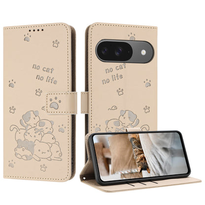 Google Pixel 9 Embossed Kitten PU Leather Wallet Case with Card Slots, Cash Pocket, Kickstand Function, Wrist Lanyard Strap, Full Protective TPU Flip Cover