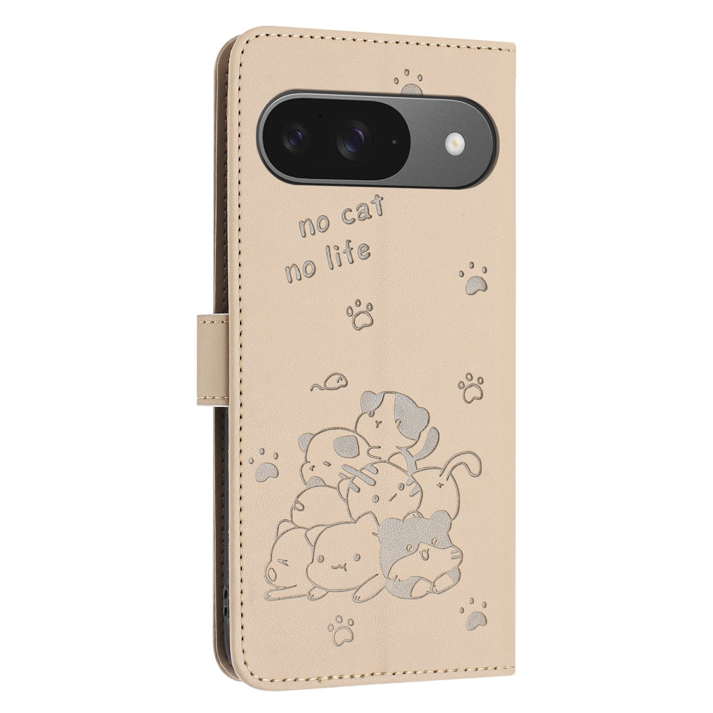 Google Pixel 9 Embossed Kitten PU Leather Wallet Case with Card Slots, Cash Pocket, Kickstand Function, Wrist Lanyard Strap, Full Protective TPU Flip Cover