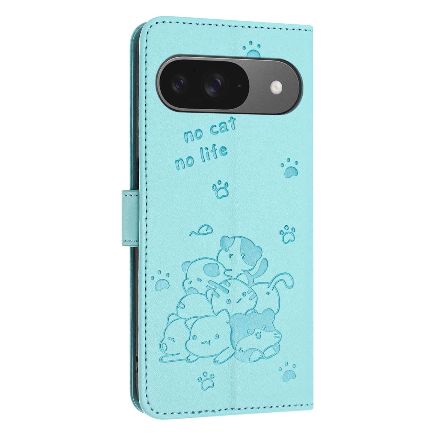 Google Pixel 9 Pro Embossed Kitten PU Leather Wallet Case with Card Slots, Cash Pocket, Kickstand Function, Wrist Lanyard Strap, Full Protective TPU Flip Cover