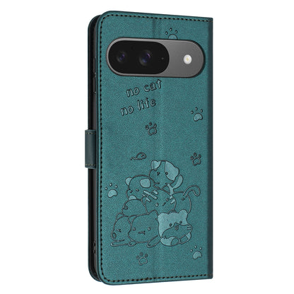Google Pixel 9 Embossed Kitten PU Leather Wallet Case with Card Slots, Cash Pocket, Kickstand Function, Wrist Lanyard Strap, Full Protective TPU Flip Cover