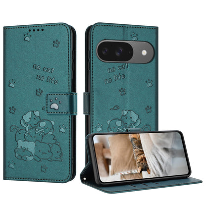 Google Pixel 9 Pro Embossed Kitten PU Leather Wallet Case with Card Slots, Cash Pocket, Kickstand Function, Wrist Lanyard Strap, Full Protective TPU Flip Cover
