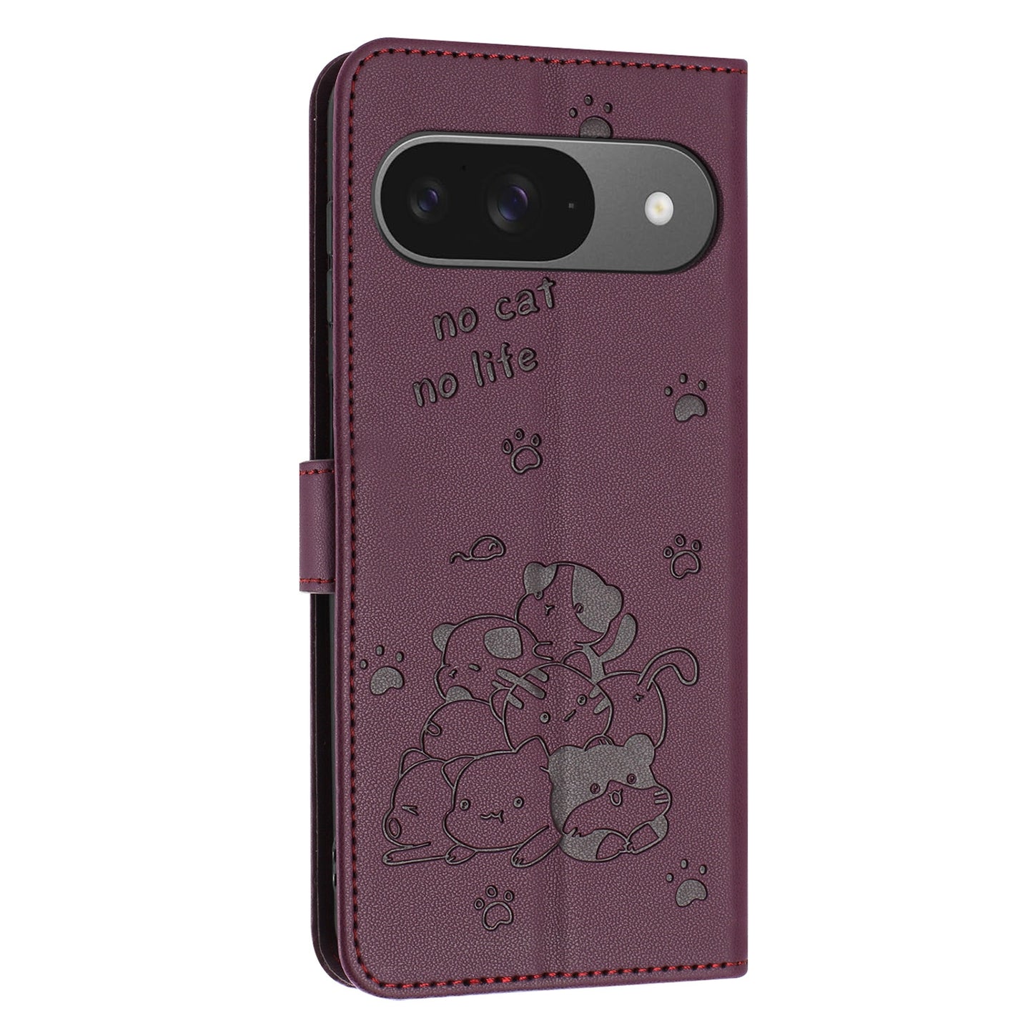 Google Pixel 9 Pro Embossed Kitten PU Leather Wallet Case with Card Slots, Cash Pocket, Kickstand Function, Wrist Lanyard Strap, Full Protective TPU Flip Cover