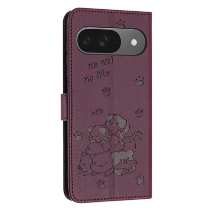 Google Pixel 9 Pro Embossed Kitten PU Leather Wallet Case with Card Slots, Cash Pocket, Kickstand Function, Wrist Lanyard Strap, Full Protective TPU Flip Cover