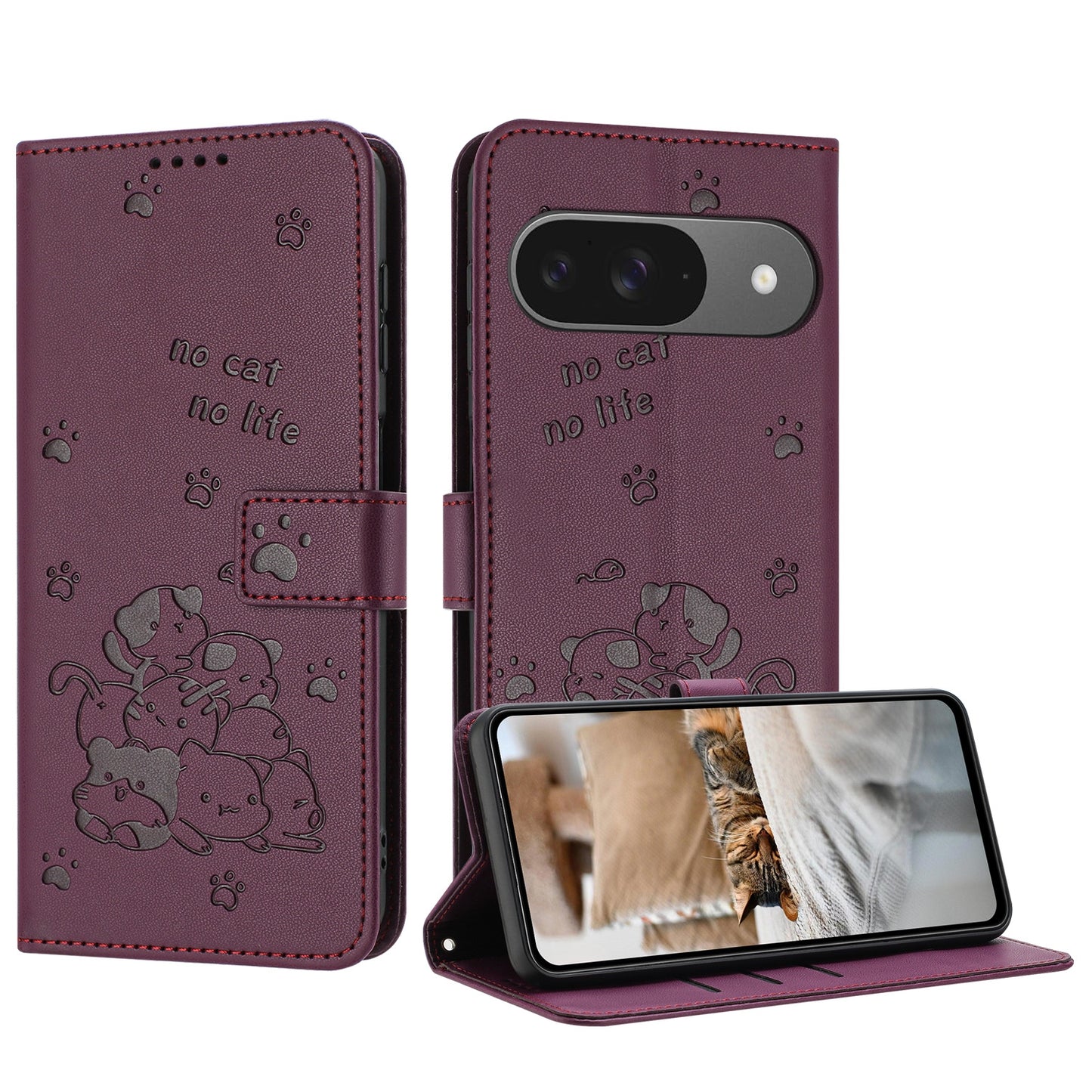 Google Pixel 9 Pro Embossed Kitten PU Leather Wallet Case with Card Slots, Cash Pocket, Kickstand Function, Wrist Lanyard Strap, Full Protective TPU Flip Cover