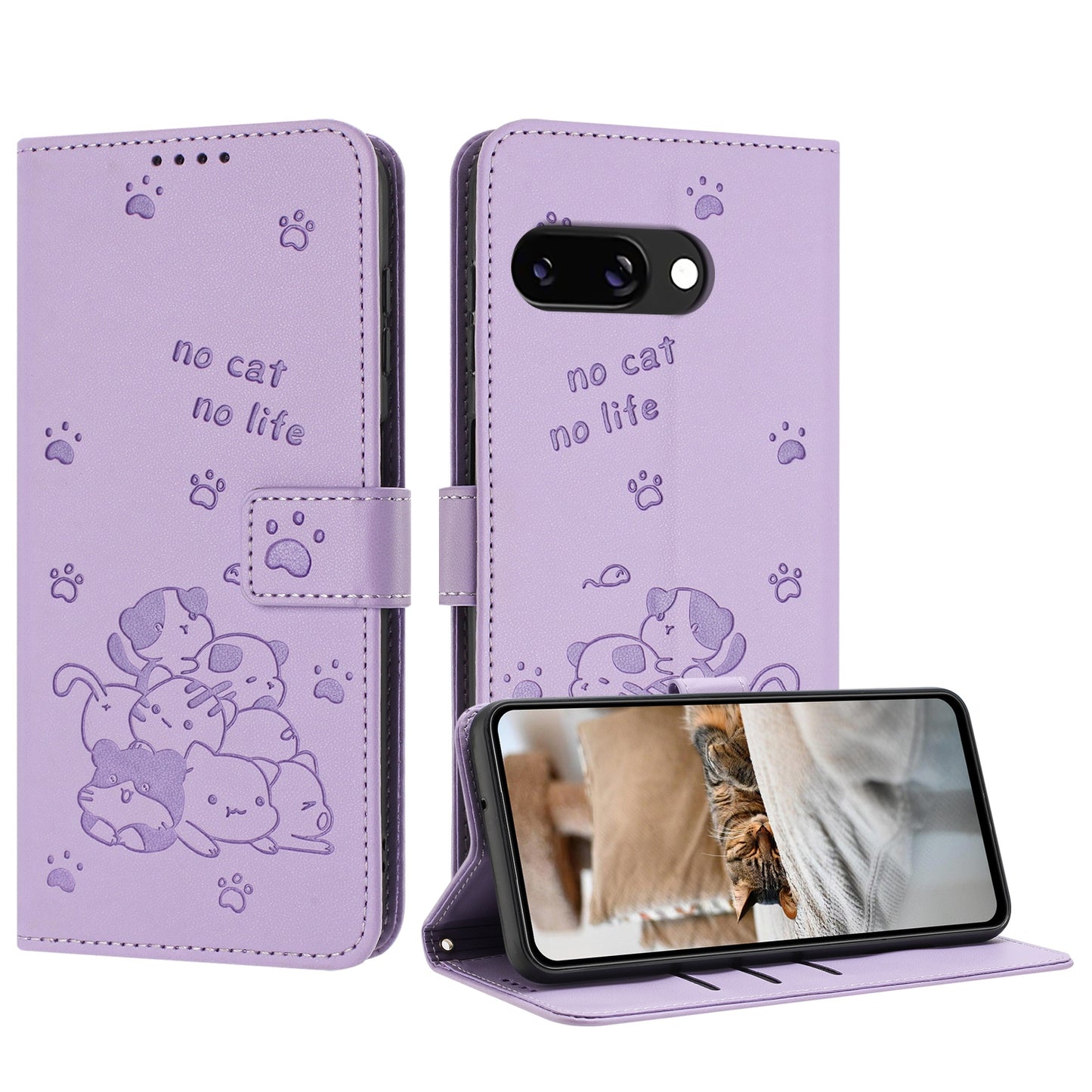 Google Pixel 9a Embossed Kitten PU Leather Wallet Case with Card Slots, Cash Pocket, Kickstand Function, Wrist Lanyard Strap, Full Protective TPU Flip Cover