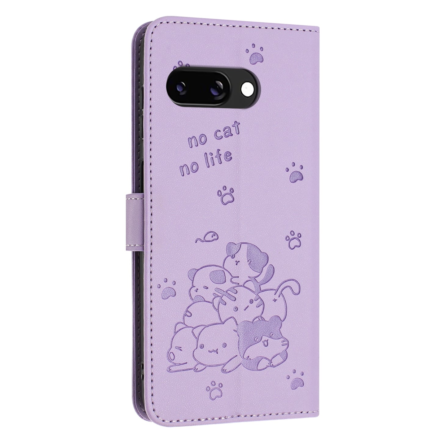 Google Pixel 9a Embossed Kitten PU Leather Wallet Case with Card Slots, Cash Pocket, Kickstand Function, Wrist Lanyard Strap, Full Protective TPU Flip Cover