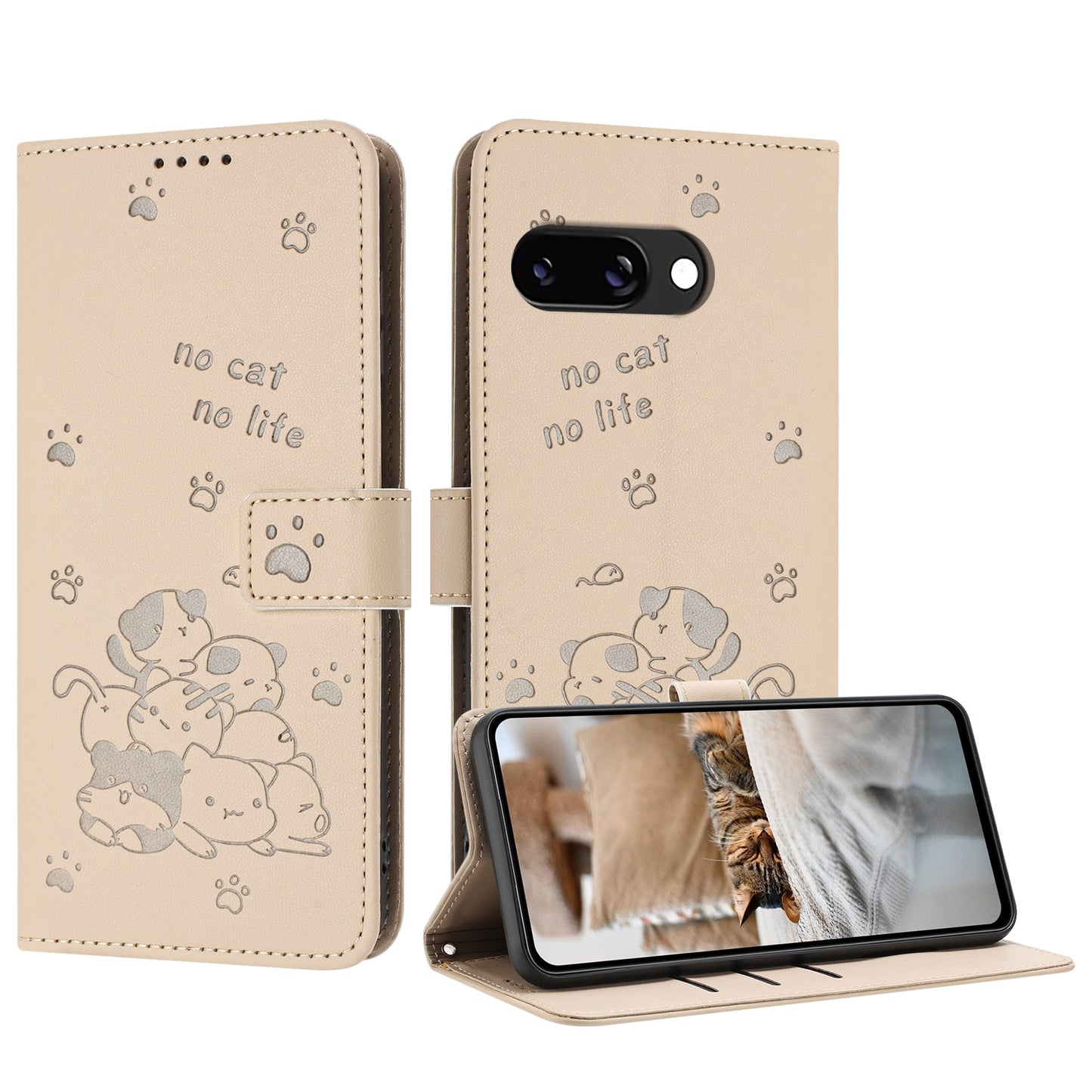Google Pixel 9a Embossed Kitten PU Leather Wallet Case with Card Slots, Cash Pocket, Kickstand Function, Wrist Lanyard Strap, Full Protective TPU Flip Cover