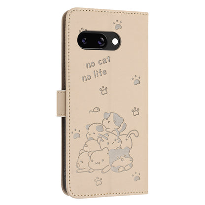 Google Pixel 9a Embossed Kitten PU Leather Wallet Case with Card Slots, Cash Pocket, Kickstand Function, Wrist Lanyard Strap, Full Protective TPU Flip Cover