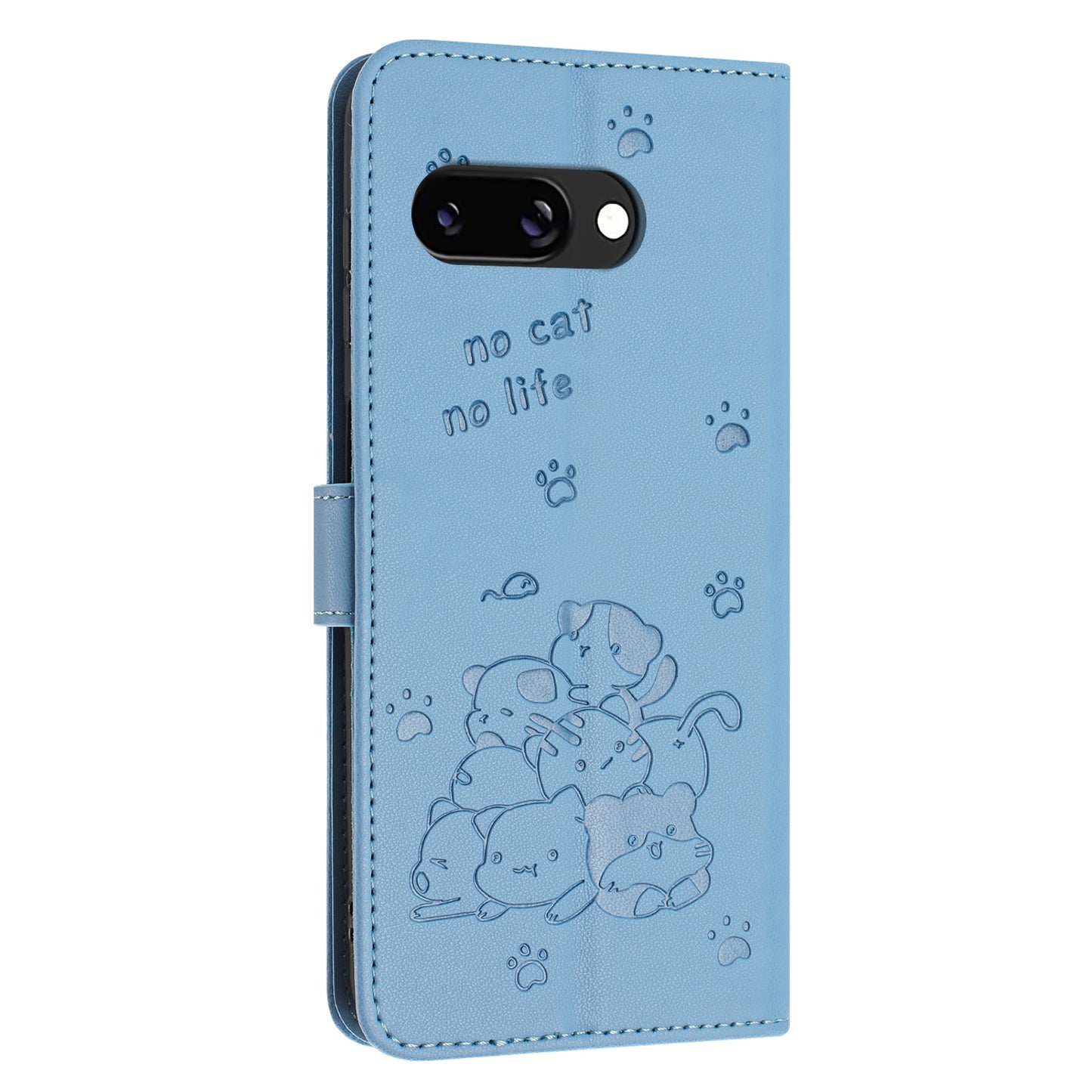 Google Pixel 9a Embossed Kitten PU Leather Wallet Case with Card Slots, Cash Pocket, Kickstand Function, Wrist Lanyard Strap, Full Protective TPU Flip Cover