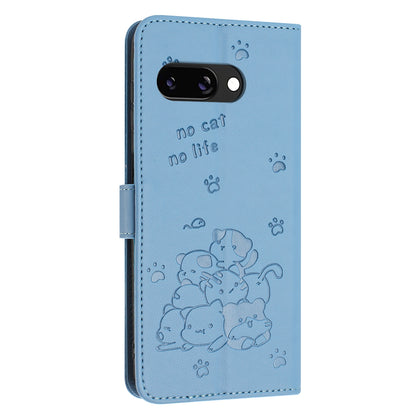 Google Pixel 9a Embossed Kitten PU Leather Wallet Case with Card Slots, Cash Pocket, Kickstand Function, Wrist Lanyard Strap, Full Protective TPU Flip Cover