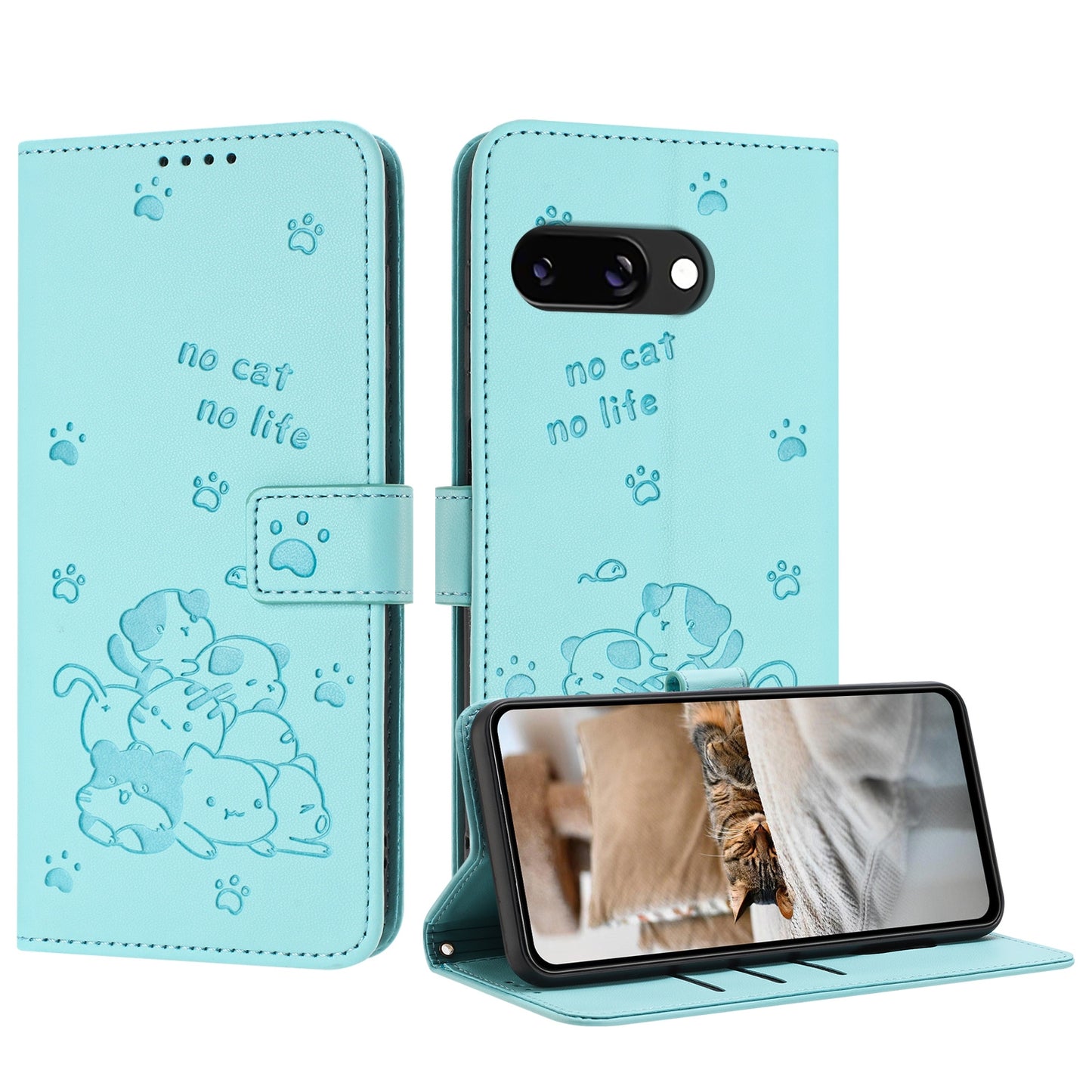 Google Pixel 9a Embossed Kitten PU Leather Wallet Case with Card Slots, Cash Pocket, Kickstand Function, Wrist Lanyard Strap, Full Protective TPU Flip Cover