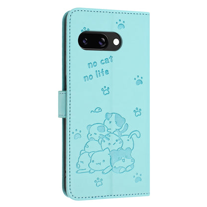 Google Pixel 9a Embossed Kitten PU Leather Wallet Case with Card Slots, Cash Pocket, Kickstand Function, Wrist Lanyard Strap, Full Protective TPU Flip Cover