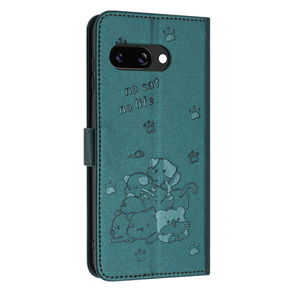 Google Pixel 9a Embossed Kitten PU Leather Wallet Case with Card Slots, Cash Pocket, Kickstand Function, Wrist Lanyard Strap, Full Protective TPU Flip Cover