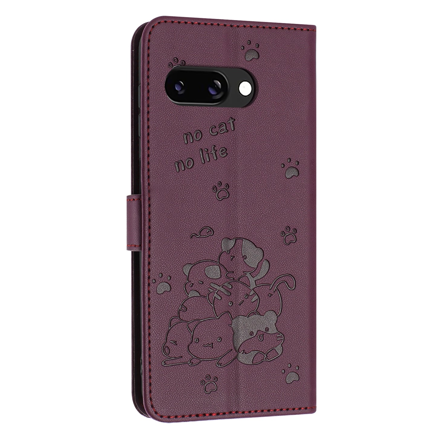 Google Pixel 9a Embossed Kitten PU Leather Wallet Case with Card Slots, Cash Pocket, Kickstand Function, Wrist Lanyard Strap, Full Protective TPU Flip Cover