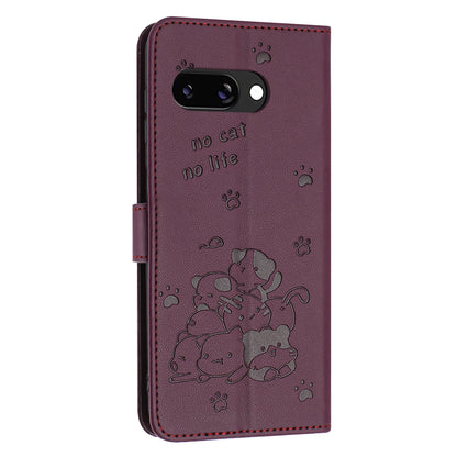 Google Pixel 9a Embossed Kitten PU Leather Wallet Case with Card Slots, Cash Pocket, Kickstand Function, Wrist Lanyard Strap, Full Protective TPU Flip Cover