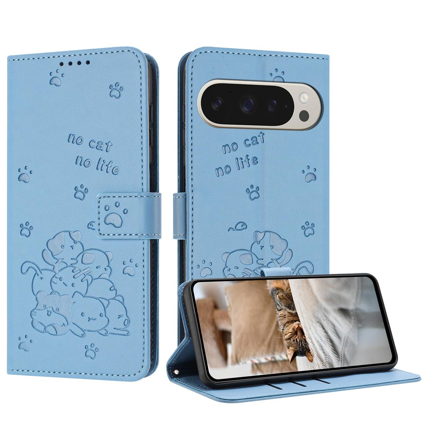 Google Pixel 10 Pro XL Embossed Kitten PU Leather Wallet Case with Card Slots, Cash Pocket, Kickstand Function, Wrist Lanyard Strap, Full Protective TPU Flip Cover