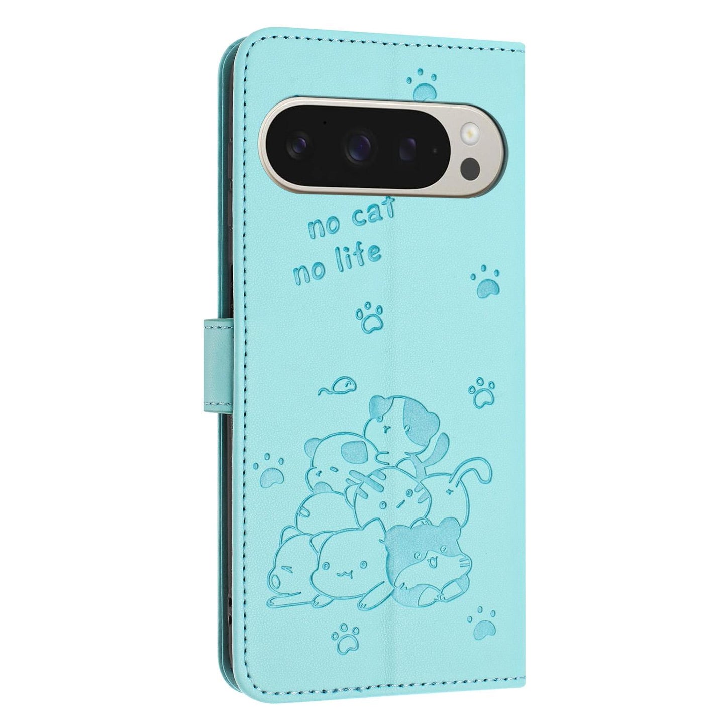 Google Pixel 10 Pro XL Embossed Kitten PU Leather Wallet Case with Card Slots, Cash Pocket, Kickstand Function, Wrist Lanyard Strap, Full Protective TPU Flip Cover