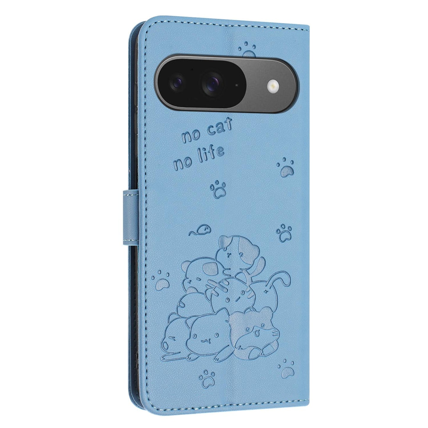 Google Pixel 10 Embossed Kitten PU Leather Wallet Case with Card Slots, Cash Pocket, Kickstand Function, Wrist Lanyard Strap, Full Protective TPU Flip Cover