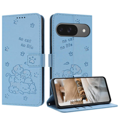 Google Pixel 10 Pro Embossed Kitten PU Leather Wallet Case with Card Slots, Cash Pocket, Kickstand Function, Wrist Lanyard Strap, Full Protective TPU Flip Cover