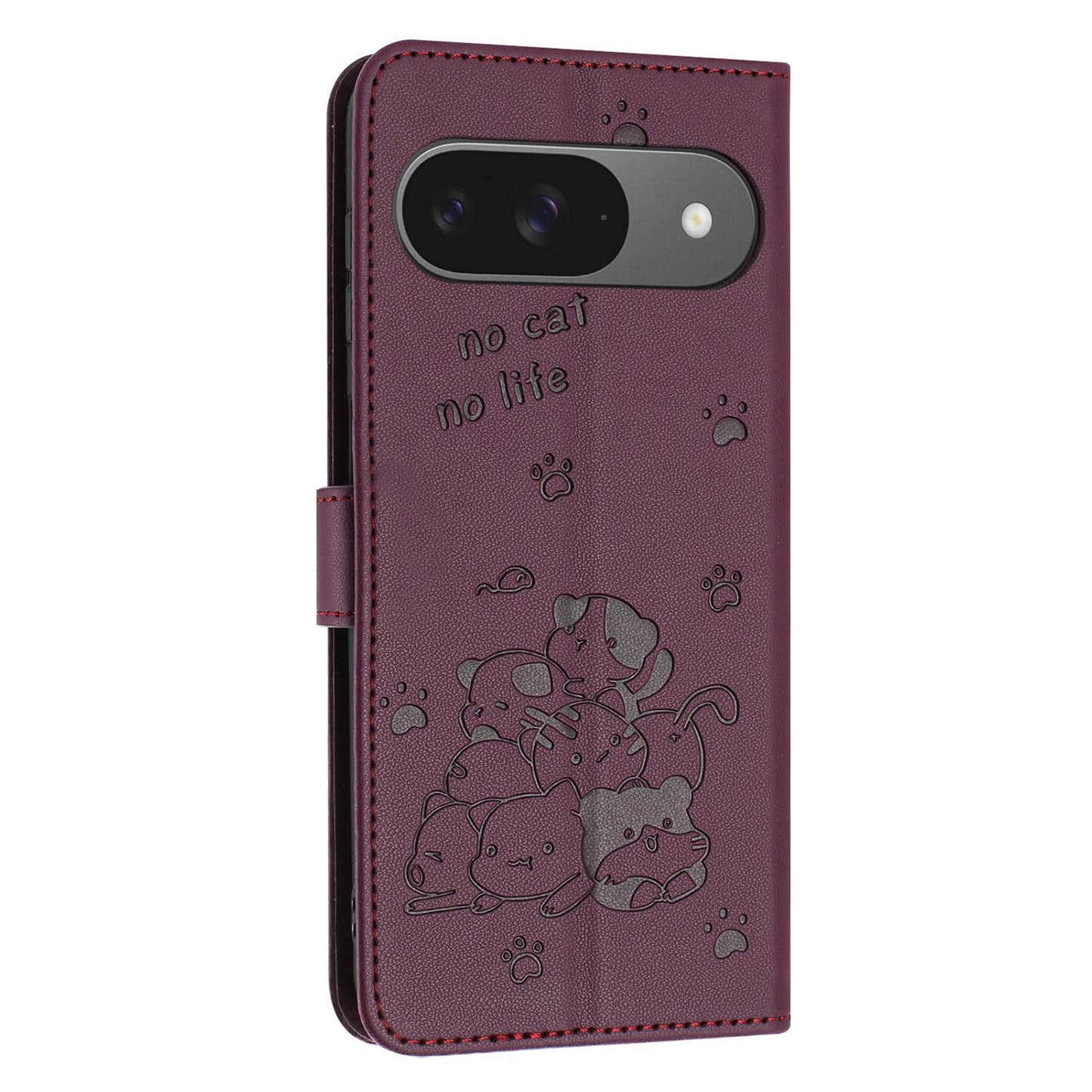 Google Pixel 10 Embossed Kitten PU Leather Wallet Case with Card Slots, Cash Pocket, Kickstand Function, Wrist Lanyard Strap, Full Protective TPU Flip Cover